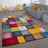 Paco Home Kurzflor Wohnzimmer Teppich Bunt Karo Design Vierecke Mehrfarbig Farbenfroh, Grösse:240x330 cm