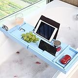 Luxus-Badewannenablage aus Bambus, erweiterbar 29,5-43 Zoll Badewannen-Tischablage mit Weinglasschlitz, Telefonablage, Buchhalter, Blau