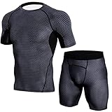 wjiNFDFG Schwarze Weste Herren Männer Frühling und Sommer Sportanzug Volltonfarbe Rundhals Kurzarm Schnelltrocknend Fitness Sport Top Short Set Jogginghose Herren Komplett