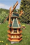Windmühle 3 stöckig kugelgelagert 1,40m Bitum grün mit Beleuchtung Solar, Solarbeleuchtung, mit extra Windrad hinten am Kopf, imprägniert, Kugellager einstellbar