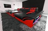 Wohnlandschaft Monza U Form Sofa Ledersofa - mit LED Beleuchtung, verstellbare Kopfstützen, Recamiere/Lederfarben wählbar/Ausrichtung wählbar (Ottomane Links, Schwarz-Rot)