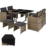 TecTake 800820 Poly Rattan Sitzgruppe Cube | inkl. Schutzhülle & Edelstahlschrauben | 4 Stühle 1 Tisch 4 Hocker - Diverse Farben - (Natur | Nr. 403735)