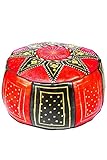 Orientalischer runder Pouf aus Leder ø 45cm Rund 30cm Hoch inklusive Füllung | Marokkanisches Sitzkissen Sitzpouf Kissen Merzougha Schwarz Rot | Marokkanischer Hocker Sitzhocker Fusshocker