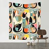 Mid-Century Modern Art Cat Vier-Jahreszeiten-Polyester-Wandteppich, weich und langlebig, geeignet für Innen- und Außendekoration, Wandbehang