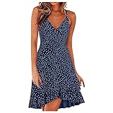 Damen Dersses Slim Polka Dot Verstellbarer Schultergurt Rüschen Sling Kleid, blau, X-Large