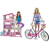 Barbie GNH53 Traumvilla Dreamhouse Adventures Puppenhaus mit 3 Etagen, 8 Zimmer & Fahrrad - Pinker Rahmen, drehende Pedale, inkl. Helm & Blumenkorb, für Barbie-Puppe separat erhältlich, DVX55