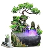 Zimmerbrunnen Feng Shui Brunnen,Mini-Brunnen Luftbefeuchter Mit LED Lichtern und Zerstäuber,Harz Desktop Brunnen Wasserfall mit Deko-Steingarten und Teich Wasserspiel,für Büro und Zuhause,20x15x28CM