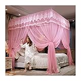 OnSaya 4 Eckpfosten-Betthimmel-Moskitonetz, Spitzenbettbezug mit Edelstahlständer, Prinzessinnenzimmer-Schlafzimmerdekoration (Color : Pink-1, Size : 180X220cm/71X87in)