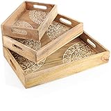 com-four® 3-teiliges Tablett-Set aus Mangoholz - Holztablett in 3 Größen - große Dekoschalen in rustikaler Optik - Serviertablett - wiederverwendbar (03 Stück - Tablett Mangoholz)