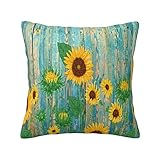 hansgo Kissenbezug mit Sonnenblume im Blaugrün, Holzbrett, Überwurf, Kissenbezug, Gelb mit Blumendruck, Dekoration für Wohnzimmer, Sofa, Couch, Bett, Kissenbezug, 45,7 x 45,7 cm