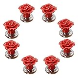 8 Stück rote Keramik-Türknäufe mit Rosenblüten-Motiv und silberner Basis für Kinderzimmer, Schublade, Schrank, Truhe, Mülleimer, Kommode, Schrank usw. mit Schrauben