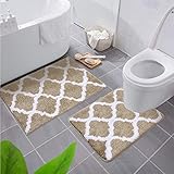 Homaxy rutschfest Badematten Set 2 teilig Weich Hochflor Bad WC Teppich Set Mikrofaser Badvorleger Set 2teilig -Beige