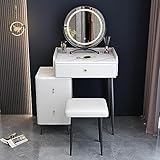 MAVERY Schminktisch mit beleuchtetem Spiegelschrank und Aufbewahrungsschubladen, modernes Make-up-Waschtischset inklusive Hocker, Schminktisch für Schlafzimmer (Farbe: Weiß)
