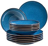 MÄSER 931946 Serie Ossia Teller-Set für 6 Personen im mediterranen Vintage-Look, 12-teiliges modernes Tafelservice mit Suppentellern und Speisetellern, Königsblau, Steinzeug