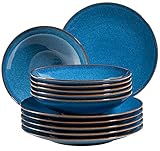 MÄSER 931946 Serie Ossia Teller-Set für 6 Personen im mediterranen Vintage-Look, 12-teiliges modernes Tafelservice mit Suppentellern und Speisetellern, Königsblau, Steinzeug