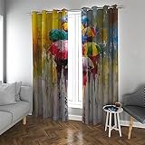 LANDOCROWN Vintage Regen Street View Vorhänge für Jungen Mädchen Schlafzimmer Fensterbehandlung Bunte Regenschirm Fenster Vorhänge Vorhänge, 2 Paneele H 175 x B 140 cm