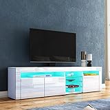 LED TV Schrank Modernes Hochglanz TV Board mit 3 Türen & Glasböden Fernsehschrank für Wohnzimmer Schlafzimmer Möbel, Weiß, 180 x 35 x 53 cm