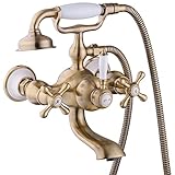 PaulGurkes Wannenarmatur Messing Bronze Antik Retro Nostalgie Zweigriffmischer Aufputz Armatur für Badewanne Landhausstil Zweihand Mischbatterie 2-Wege mit Handbrause und Auslauf