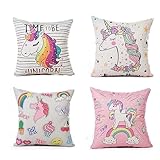 4er Set wasserdichte Kissenbezug 40x40cm,Outdoor Sofakissen Dekokissen Leinen Kissenhülle Bunte Einhörner Quadratische Kissenbezüge für Balkon Terrasse Patio Garten Bauernhaus Wohnzimmer Dekor