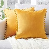 Topfinel 2er Set Samt Kissen mit Pompoms Einfarbig Kissenbezüge Dekorative Kissenhülle Kopfkissen Sitzkissen Dekokissen Couchkisen für Sofa Schlafzimmer Büro Auto 40X40cm Gelb