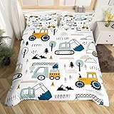 Loussiesd Cartoon-Auto-Kinder-Bettwäsche-Set, Bau-Bettbezug, Dekor-Ausrüstung, LKWs, Comter-Bagger, Traktor, Weiß, Gelb, Tagesdecke, Schlafzimmer, Doppelbett, 3-teilig, mehrfarbig 16000
