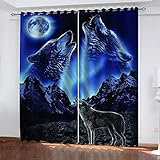 SAKKAI 3D Mondscheintier Wolf Muster Schallschutz Vorhang 2Er Set Ösen Für Schlafzimmer Kinderzimmer, Gardinen Wohnzimmer Modern, Thermo Vorhänge Blickdicht Fensterdekoration 264X240cm (BxH)