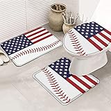 Badematten Set 3 Teilig Glücklicher Unabhängigkeitstag Usa-Flaggen-Baseball Wc Vorleger Schnelltrocknend U-Förmige Kontur Saugfähig Wc Cover Mat Für Badezimmer, Neben Der Badewanne, Wc