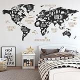 DESIGNSCAPE® Wandtattoo Weltkarte für Kinder mit Tieren | Farbe 1: schwarz | Größe: mittel (160 x 78 cm)