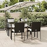 BULANED 5-TLG. Garten-Essgruppe mit Kissen, Balkonmöbel Set, Gartenmöbel Set, Sitzgruppe Garten, Gartengarnitur, Garten Essgruppe, Esstischset, Schwarz Poly Rattan