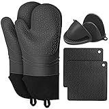 KERYCHIN Ofenhandschuhe aus Silikon + Mini Topfhandschuhe + Topflappen Set, Handschuh Hitzebestaendig 260°C, Einfach zu Reinigen, Backhandschuhe für Küche, Backofen, Mikrowelle, 36.5 cm Lang, Schwarz