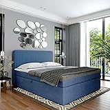Boxspringbett Doppelbett Suzi - Gepolstertes Kopfteil mit Einer Eleganten Weichen Kissendesign. Bett mit Bonellmatratze mit Bettkasten für Bettwäsche und Topper. (Blau, 200x200)