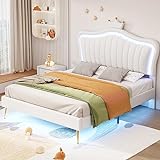 ZYLOYAL10 Kinderbett Polsterbett, Bettgestell für Mädchen, weißes Kronen-Doppelbettgestell aus PU-Leder mit LED-Leuchten, Lattenrost und Rückenlehne(Matratze Nicht enthaltet) (140 x 200 cm)
