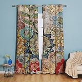 Michorinee Blickdicht Gardinen Boho Blumen Muster Vorhang Vintage Verdunkelungsvorhang mit Ösen Landhaus Dekoschal Kräuselband Blätter für Schlafzimmer Wohnzimmer 2 Stücke 158 × 132cm (H × B)