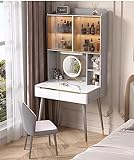 OqCeha Schminktisch Schlafzimmer Schlicht Modern Kleiner Computertisch Aufbewahrungsschrank Integriertes Make-Up-Waschtisch-Set Kosmetik-Kommode Möbel mit Hocker Und Spiegel Grey,100cm