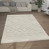 Paco Home Hochflor Teppich Wohnzimmer Shaggy 3D Optik Ethno Boho Vintage Look Weich, Grösse:160x220 cm, Farbe:Creme 8