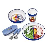 damaloo Avengers Geschirrset & Besteck Kinder 5-teilig - rutschfest & BPA frei - Avengers Geschirr Set mit Teller, Schüssel, Becher, Gabel, Löffel - Baby Geschirrset Jungen & Kinderbesteck mit Box