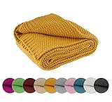 Kuscheldecke Strick 140x190 cm gelb senfgelb Curry - Strickdecke oekoTex warme weiche Decke mit edlem und schlichten Strickmuster