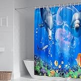 Aotiwe Vorhang Badewanne, Duschvorhang Waschbar Muster Unterwasserwelt Delfinqualle Blau Grün Polyester 165X180cm