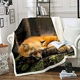 Loussiesd Sherpa-Überwurfdecke für Kinder, Fuchs-Druck, Fleece-Decke, 3D-Tier-Thema, Plüschdecke für Sofa, Bett, Natur, Waldfuchs, flauschige Decke, Doppelbett, 152,4 x 200,7 cm