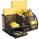 Pipishell Schreibtisch Organizer, Mesh Metall Büro-Organizer mit Schublade und Stifthalter, 6 Sortierfächer für Stifte, Hefter, Ordnerklammern, Haftnotizen, Platzsparendes Desk Organizer