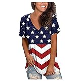 Kurzarm-Tunika-Shirts für Damen, Sommer, V-Ausschnitt, 4. Juli, Shirts mit Taschen, amerikanische Flagge, Druck, lange Tops, dunkelblau, XXL