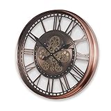 ilbcavne Large Wall Clock Metal Vintage Farmhouse Roman Numerals Clocks with Moving Gears 53.5cm Round Battery Powered Wall Clock for Office Bedroom Living Room Outdoor Indoor(Color:Red Copper)