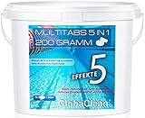 GlobaClean 5 kg Chlor Multitabs 5 in 1 200g | Chlortabletten für Pool | Hochwirksame Poolchemie Poolpflege