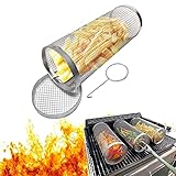 Rollende Grillkörbe, rundes Edelstahl-Grillgitter, tragbares Outdoor-Grillgestell, Camping-Grillrost, 100 % Edelstahl (30 cm)