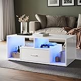 SONNI Couchtisch Kaffeetisch mit Ablagefach mit Schubladen und LED verstellbaren Leuchten in 12-Farben erhältlich, Sofatisch Beistelltisch, Couchtisch Weiß, Hochglanzfront, 100(W)*55(D)*40(H) cm