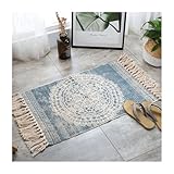 Teppich klein blau Mandala Teppich Küche waschbar Eingangsbereich innen WC Teppich Flachgewebe Bett Teppich Fransenteppich Boho Vintage Teppichbrücken Balkon Fussmatte innen Küchenläufer 60x90 cm