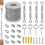 Drahtseil Set, 15M Edelstahl Stahlseil, Edelstahl Stahlseil mit Ösen Haken, 304 Edelstahl Seil Garten Drahtseile, mit M5 Seilspanner Spannschloss Spanner Kit