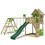 FATMOOSE Spielturm Klettergerüst HappyHome Hot mit SurfSwing, Schaukel & grüner Rutsche, Outdoor Kinder Kletterturm mit Sandkasten Leiter & Spiel-Zubehör für den Garten