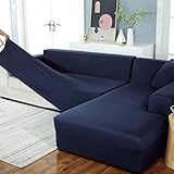 Yidaxing Sofa Überwürfe Sofabezug Elastische Stretch Sofabezüge für L-Form Sofa Abdeckung mit 2 Stücke Kissenbezug (Dunkelblau, 3 Sitzer+3 Sitzer)