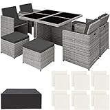 TecTake 800857 Poly Rattan Aluminium 4+1+4 Sitzgruppe Cube 4 Stühle 1 Tisch 4 Hocker + Schutzhülle & Edelstahlschrauben, als Würfel verstaubar (Hellgrau | Nr. 403756)
